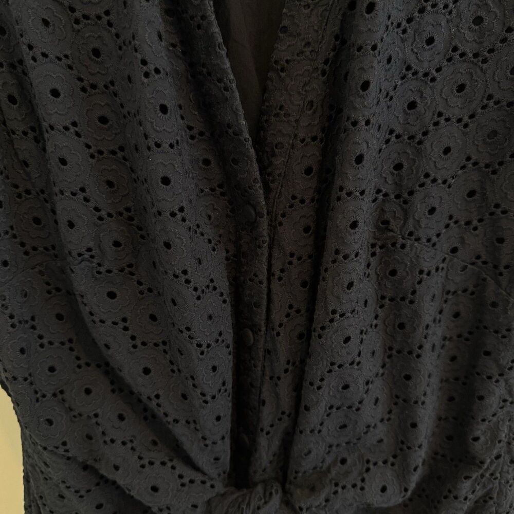 Talbots Shirt Dress 8 Navy Blue Eyelet Midi Academia June Cleaver Vtg Aesthetic - Picture 3 of 8